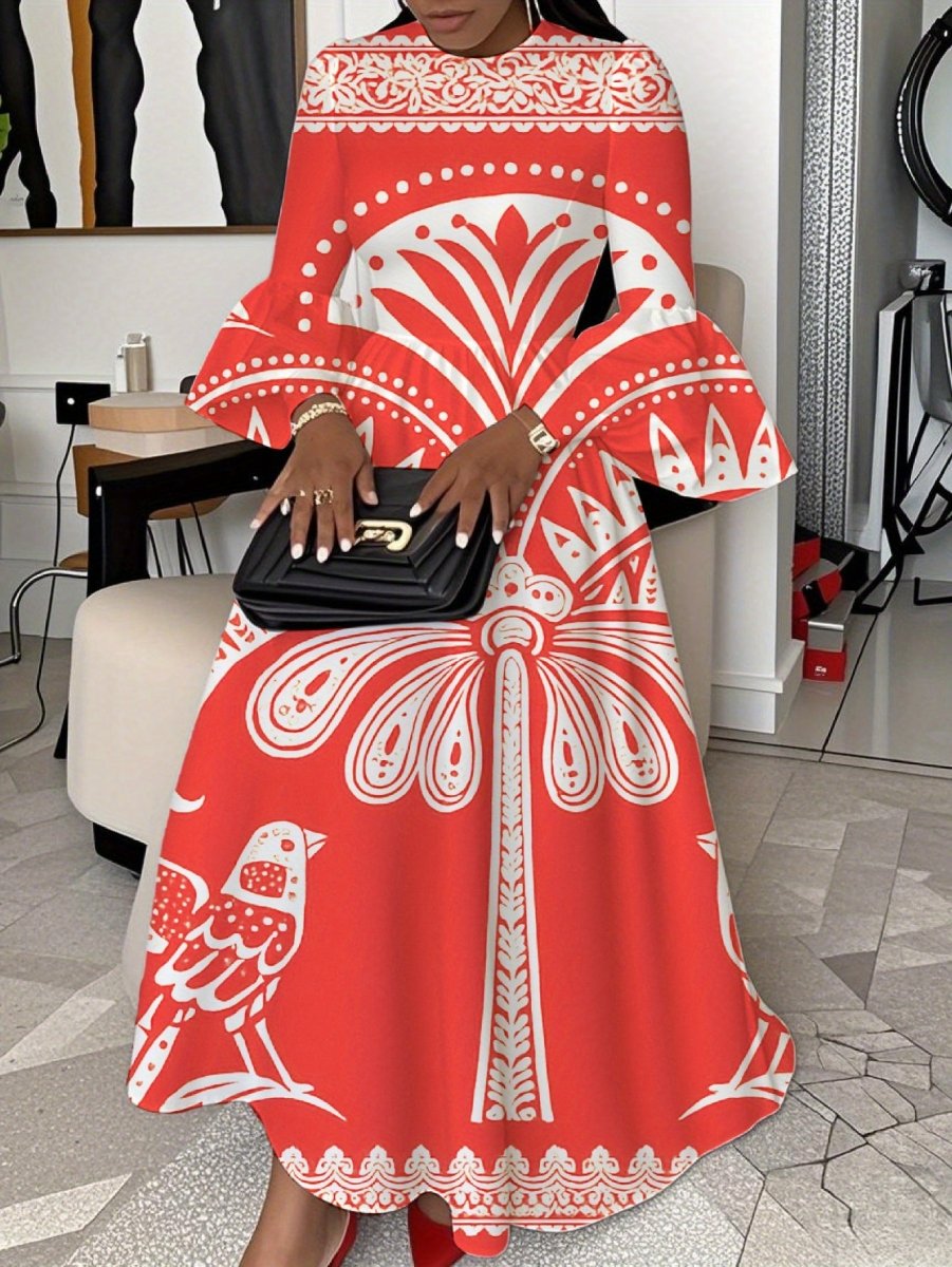 Elegant Maxi Dress Red White Floral Bird Print Casual Party Wear - Free Delivery Worldwide only at Flexi Africa