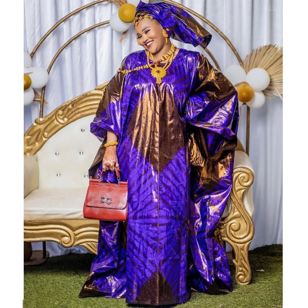 Elegant Purple African Dresses: Traditional Wedding Party Attire with Original Riche Dashiki Robe and Printed Evening Gowns, Complete with Scarf - Flexi Africa - Flexi Africa offers Free Delivery Worldwide - Vibrant African traditional clothing showcasing bold prints and intricate designs