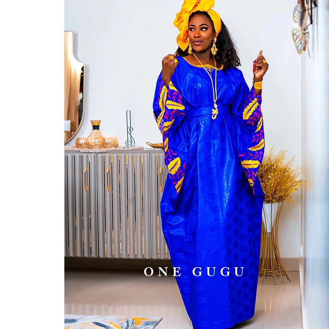 Elegant Royal Blue Bazin Riche Boubou: High-Quality African Dress for Women - Flexi Africa - Flexi Africa offers Free Delivery Worldwide - Vibrant African traditional clothing showcasing bold prints and intricate designs