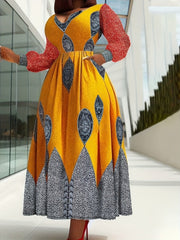 Elegant V - Neck Fit and Flare Maxi Dress with Pockets - Long Sleeve Printed Spandex Blend Dress - Free Delivery Worldwide only at Flexi Africa