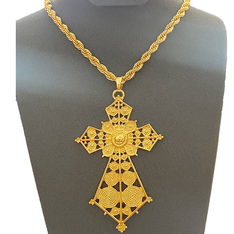 Ethiopian Cross Pendant Necklace with 80cm Twisted Chain – Gold Color African Wedding Party Jewelry Gift - Free Delivery Worldwide only at Flexi Africa