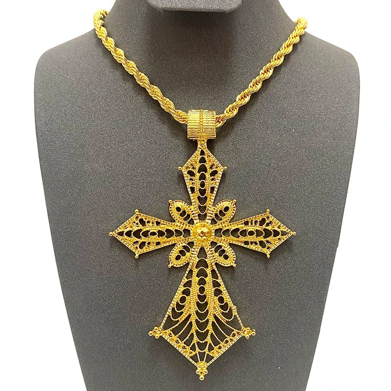 Ethiopian Cross Pendant Necklace with 80cm Twisted Chain – Gold Color African Wedding Party Jewelry Gift - Free Delivery Worldwide only at Flexi Africa