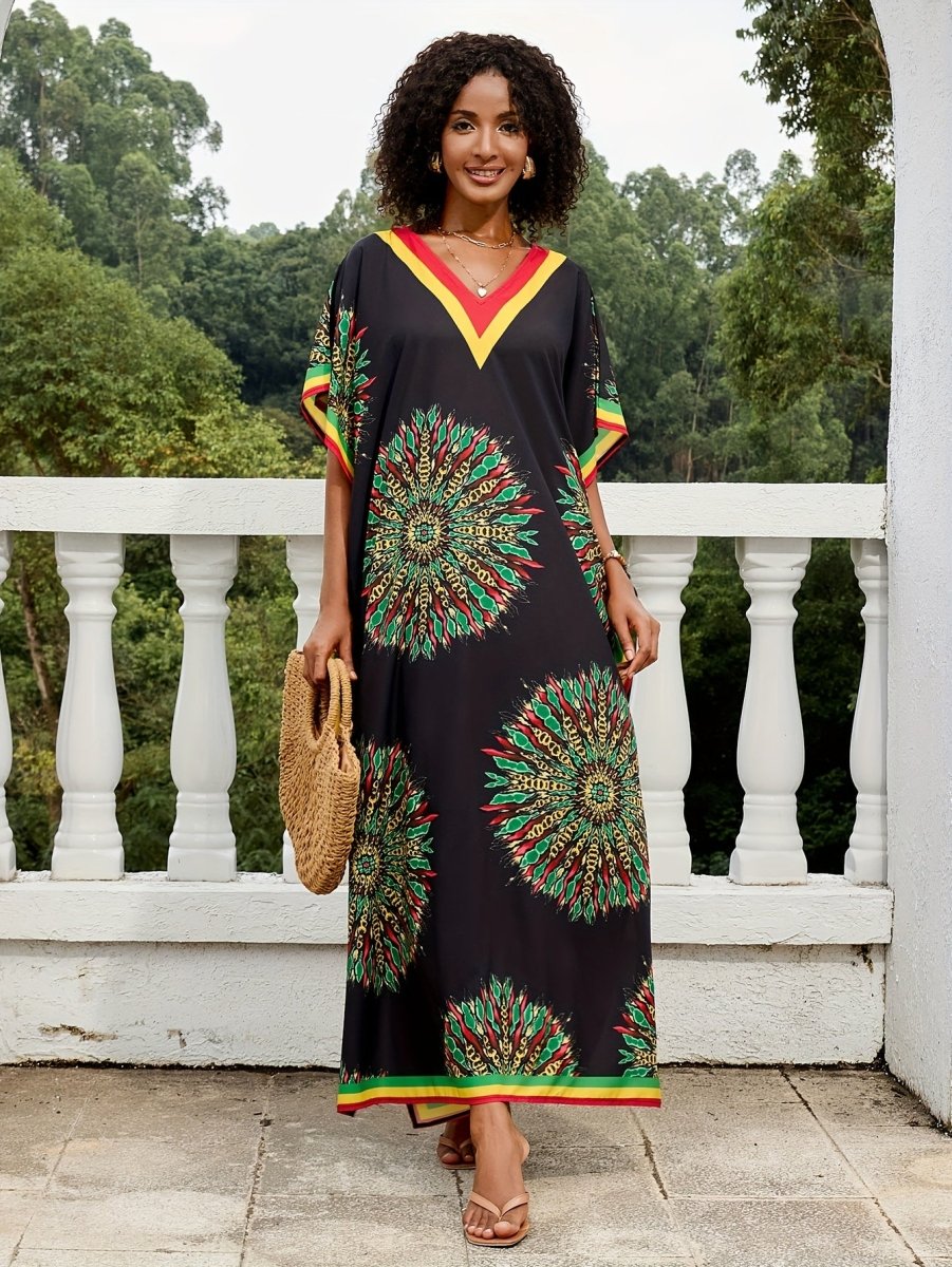 Ethnic Style Contrast Color Print Swimsuit Cover Up For Women, Summer Beach Kaftan Dress, Loose Caftan Loungewear - Free Delivery Worldwide only at Flexi Africa