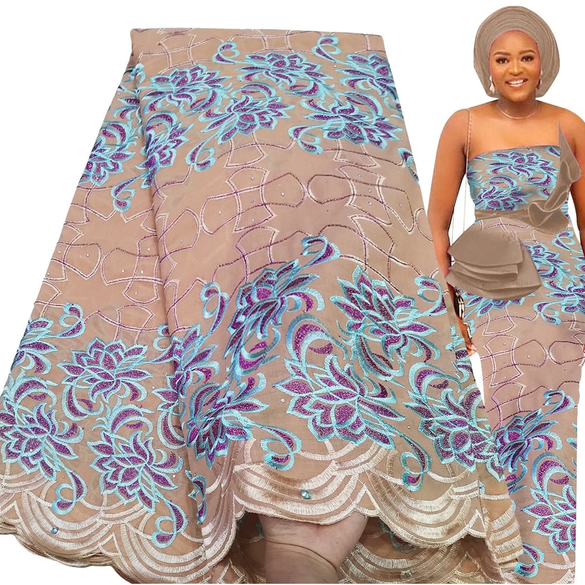 Exquisite Nigerian Party Stone Embroidery Gown: Fashion's 100% Cotton Voile Lace Fabric 2.5 Yards - Flexi Africa