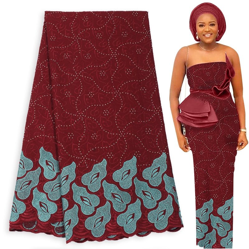 Exquisite Nigerian Party Stone Embroidery Gown: Fashion's 100% Cotton Voile Lace Fabric 2.5 Yards - Flexi Africa