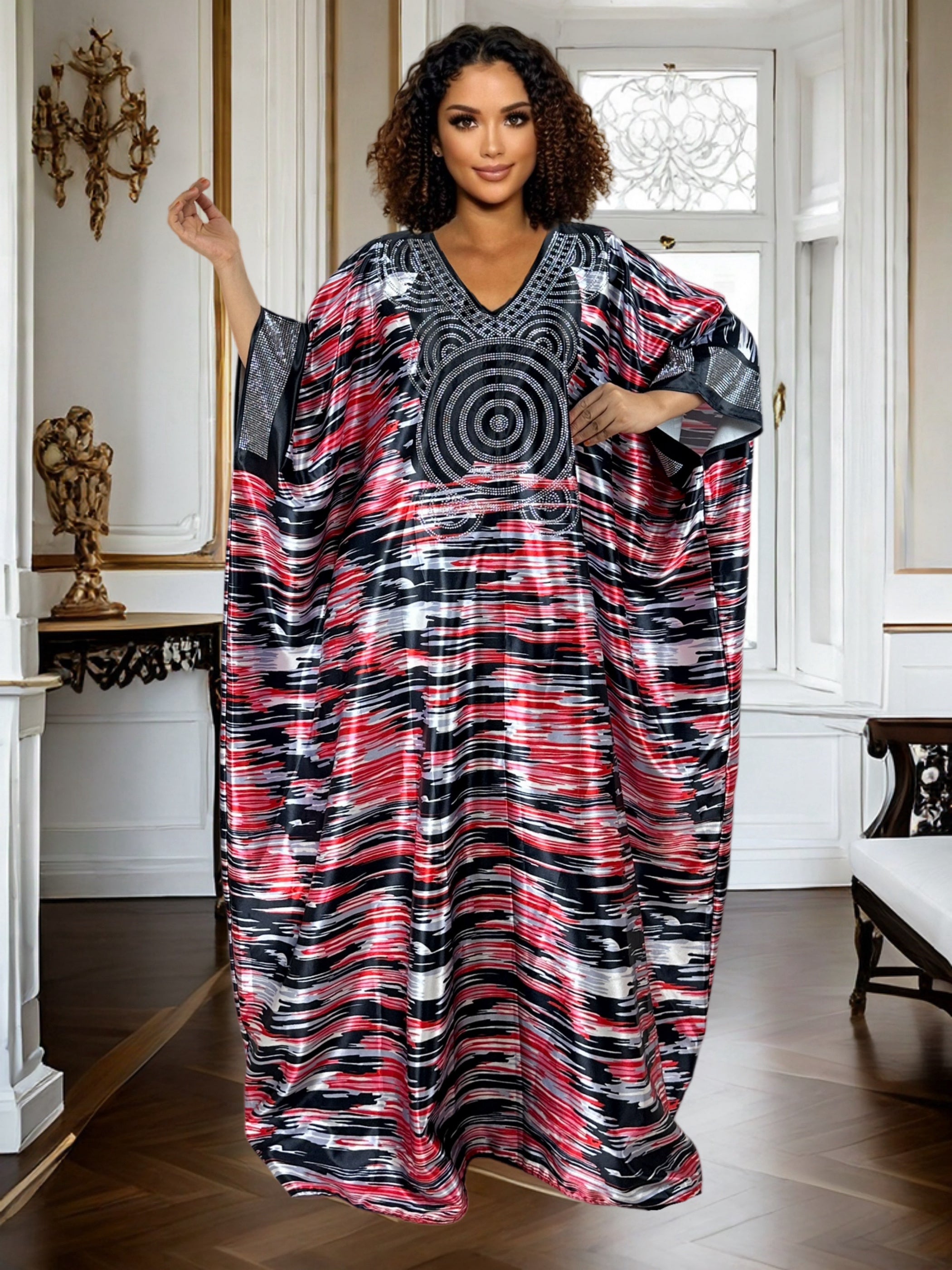 Plus Size Geometric Print Maxi Kaftan – V-Neck, Long Sleeve, Rhinestone Detail, Glossy Finish