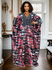 Plus Size Geometric Print Maxi Kaftan – V-Neck, Long Sleeve, Rhinestone Detail, Glossy Finish