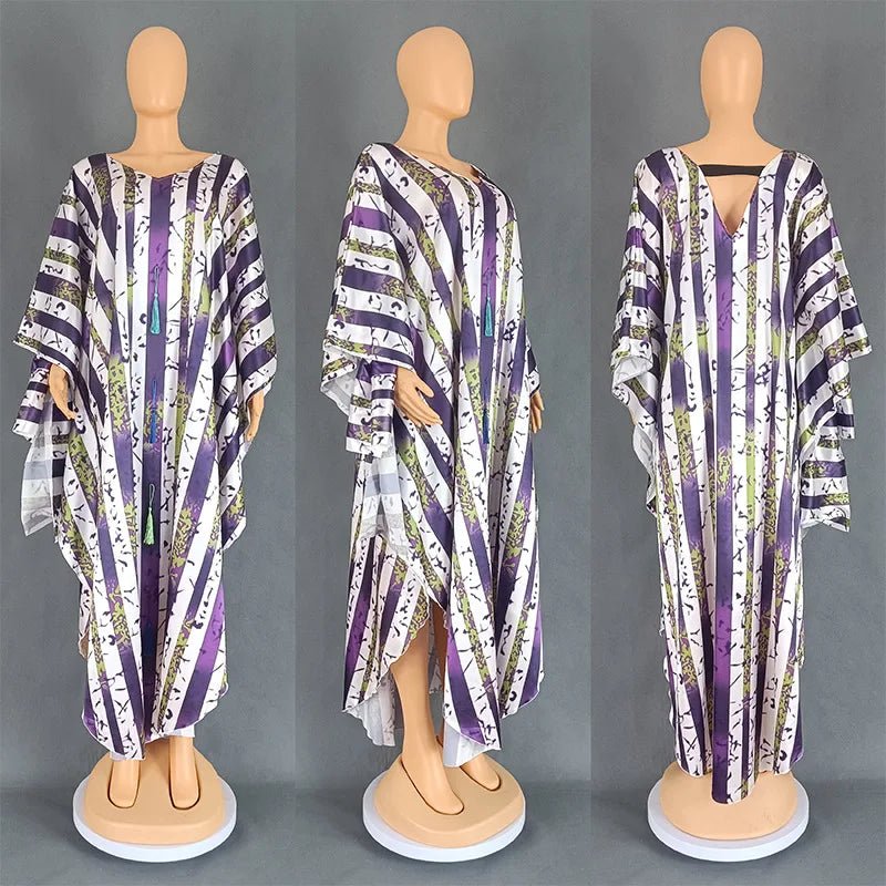 Fashion 2024 African Dresses Women Batwing Sleeve V-neck Pattern Tassel Stripe Print Loose Party Maxi Dress Loose Dashiki Dress - Flexi Africa - Flexi Africa offers Free Delivery Worldwide - Vibrant African traditional clothing showcasing bold prints and intricate designs