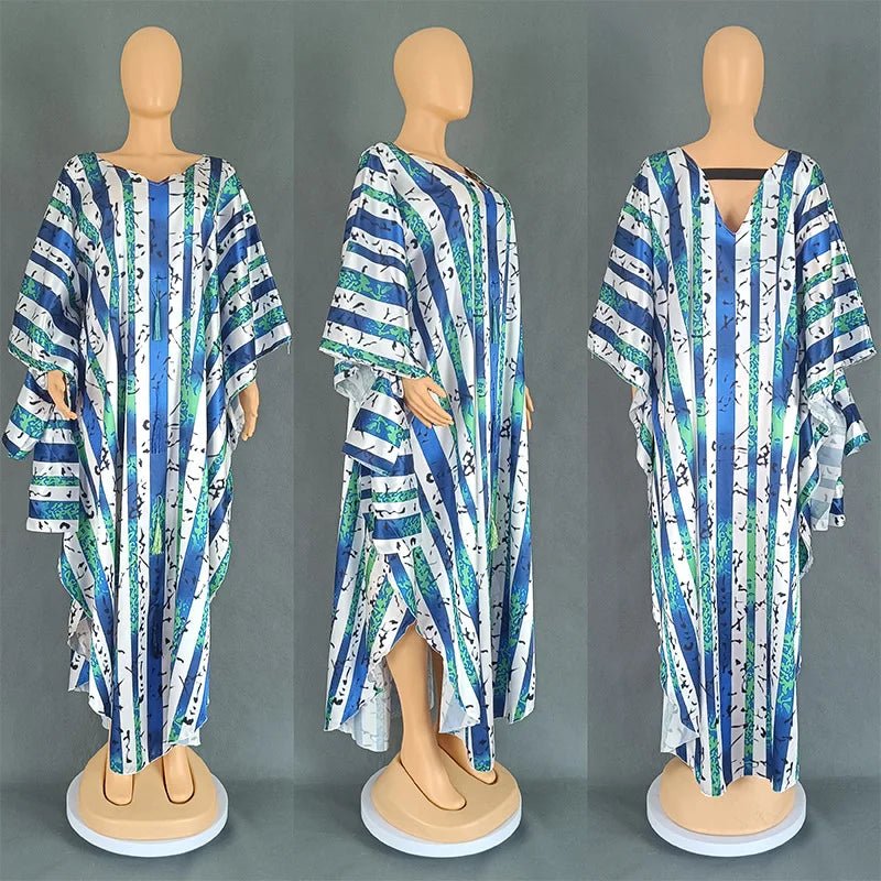 Fashion 2024 African Dresses Women Batwing Sleeve V-neck Pattern Tassel Stripe Print Loose Party Maxi Dress Loose Dashiki Dress - Flexi Africa - Flexi Africa offers Free Delivery Worldwide - Vibrant African traditional clothing showcasing bold prints and intricate designs