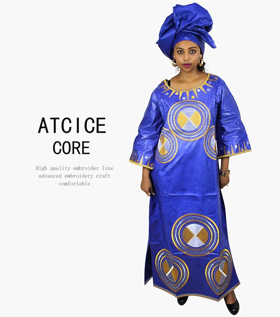 Fashionable African Dresses for Women: Bazin Riche Embroidery Long Dress with Matching Scarf - Free Delivery Worldwide only at Flexi Africa