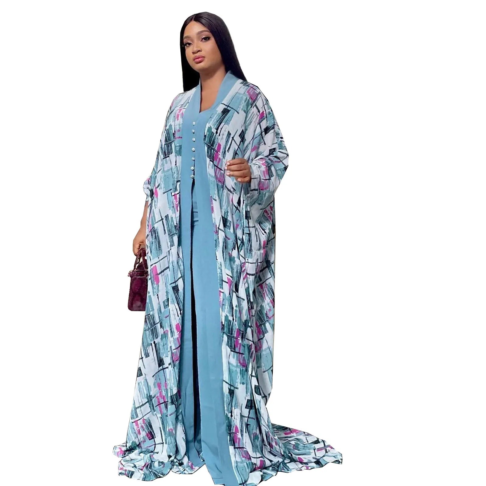 Floral Chic: 2PC African Women's Clothing Set - Cardigan Robe and Pant Suit with Vibrant Kanga Outfits - Flexi Africa - Flexi Africa offers Free Delivery Worldwide - Vibrant African traditional clothing showcasing bold prints and intricate designs
