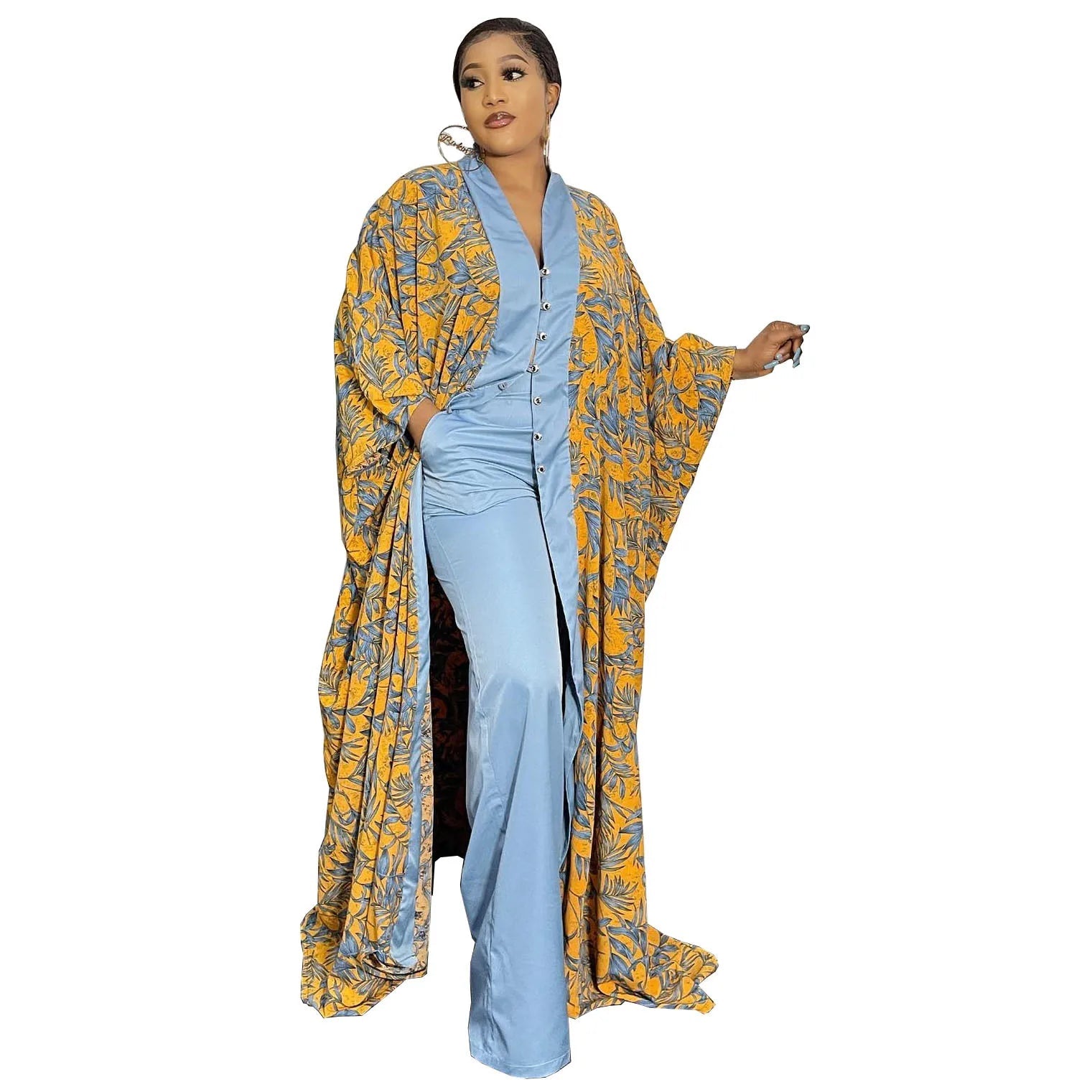 Floral Chic: 2PC African Women's Clothing Set - Cardigan Robe and Pant Suit with Vibrant Kanga Outfits - Flexi Africa - Flexi Africa offers Free Delivery Worldwide - Vibrant African traditional clothing showcasing bold prints and intricate designs