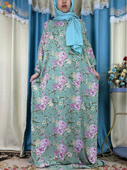 Floral Elegance: New African Abaya Dress with Turban Joint - Loose-Fit Muslim Rayon - Flexi Africa - www.flexiafrica.com