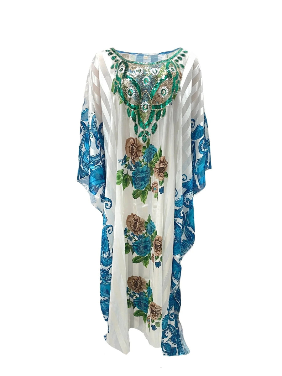 Floral Paisley Print Kaftan Dress, Elegant Ethnic Maxi Loose Kaftan Dress - Free Delivery Worldwide only at Flexi Africa