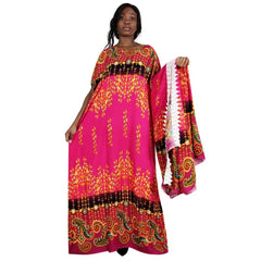 Floral Print African Dress for Women with Lace Detailing and Matching Scarf - 100% Cotton - Free Delivery Worldwide only at Flexi Africa