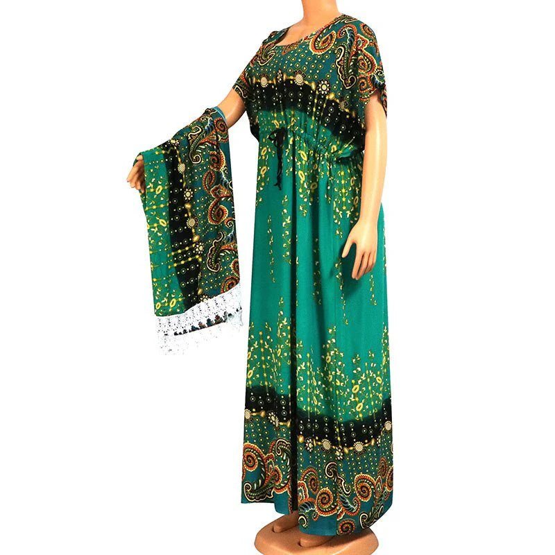 Floral Print African Dress for Women with Lace Detailing and Matching Scarf - 100% Cotton - Free Delivery Worldwide only at Flexi Africa