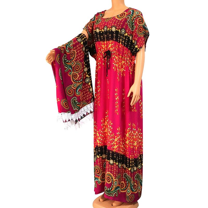 Floral Print African Dress for Women with Lace Detailing and Matching Scarf - 100% Cotton - Free Delivery Worldwide only at Flexi Africa