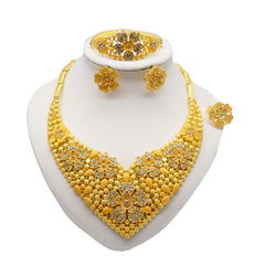 Gold Necklace Set for Women: Ideal for Nigerian African Weddings Complete with Earrings Rings - Flexi Africa