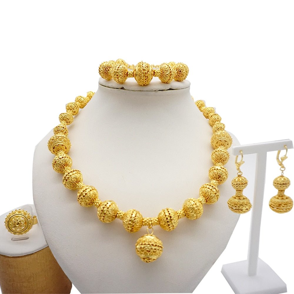 Gold Necklace Set for Women: Ideal for Nigerian African Weddings Complete with Earrings Rings - Flexi Africa