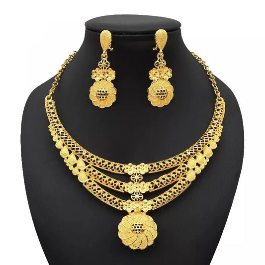 Gold-Plated Jewelry Set: Exquisite 24K Gold-Colored Necklace and Earrings for African Bridal Wear at Nigerian Wedding