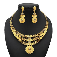 Gold-Plated Jewelry Set: Exquisite 24K Gold-Colored Necklace and Earrings for African Bridal Wear at Nigerian Wedding