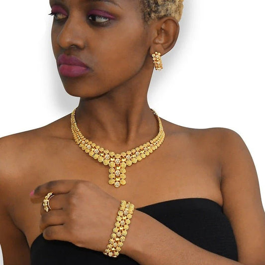 Gold Plated Wedding Jewelry Set - Complete African Chokers Necklace, Earrings, and Rings Fashion Bridal Jewellery Set - Free Delivery Worldwide only at Flexi Africa