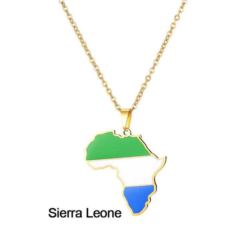 Gold Stainless Steel Africa Map Flag Pendant Necklace African Countries - Flexi Africa - Flexi Africa offers Free Delivery Worldwide - Vibrant African traditional clothing showcasing bold prints and intricate designs