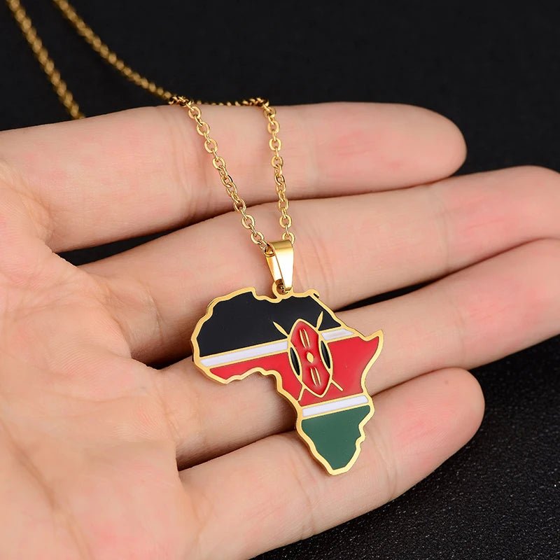 Gold Stainless Steel Africa Map Flag Pendant Necklace African Countries - Flexi Africa - Free Delivery www.flexiafrica.com