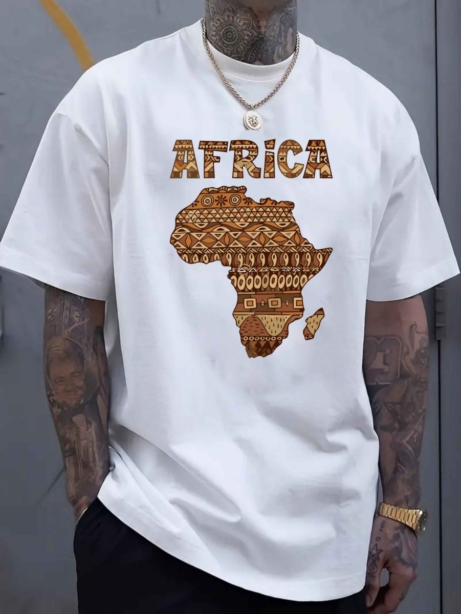 Large Size Men's Casual T-Shirt - Polyester Knit Fabric, Slightly Stretchy Loose Fit Short Sleeve, Africa Graphic Print