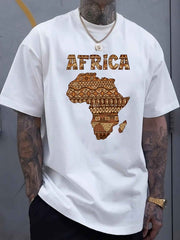 Large Size Men's Casual T-Shirt - Polyester Knit Fabric, Slightly Stretchy Loose Fit Short Sleeve, Africa Graphic Print
