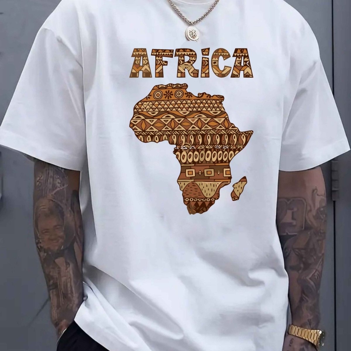 Large Size Men's Casual T-Shirt - Polyester Knit Fabric, Slightly Stretchy Loose Fit Short Sleeve, Africa Graphic Print