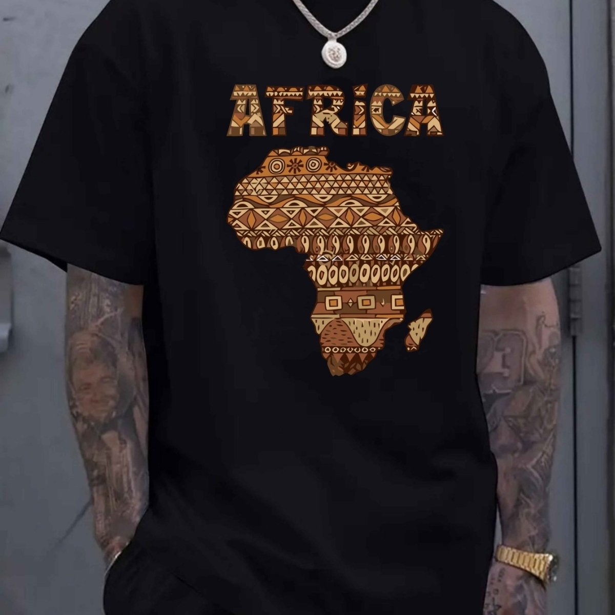 Large Size Men's Casual T-Shirt - Polyester Knit Fabric, Slightly Stretchy Loose Fit Short Sleeve, Africa Graphic Print