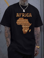 Large Size Men's Casual T-Shirt - Polyester Knit Fabric, Slightly Stretchy Loose Fit Short Sleeve, Africa Graphic Print