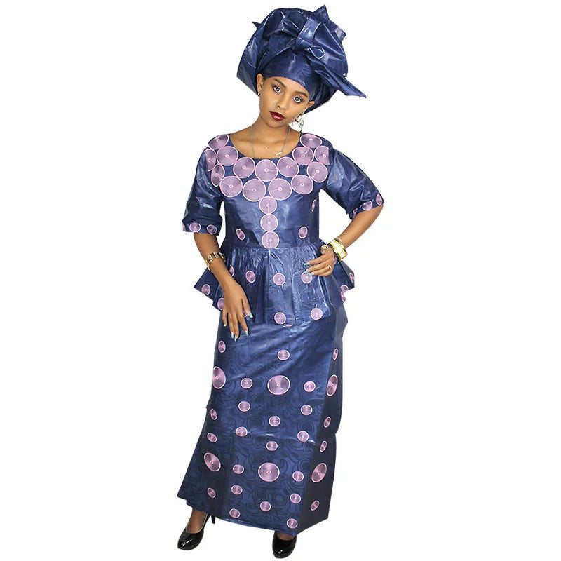 Luxury African Bazin Riche Embroidery Plus Size Elegant Church & Party Dress - Free Delivery Worldwide only at Flexi Africa