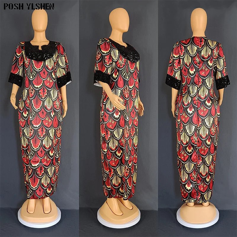 Buy Luxury African Long Gown – Sequin Embellished Caftan Dress with Floral Print and Slit for only $61.49 at Flexi Africa!