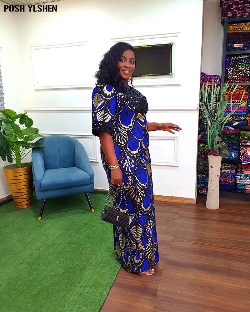 Buy Luxury African Long Gown – Sequin Embellished Caftan Dress with Floral Print and Slit for only $61.49 at Flexi Africa!