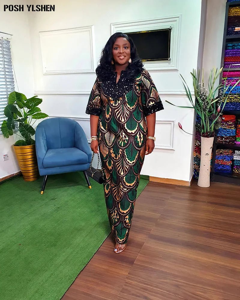 Buy Luxury African Long Gown – Sequin Embellished Caftan Dress with Floral Print and Slit for only $61.49 at Flexi Africa!