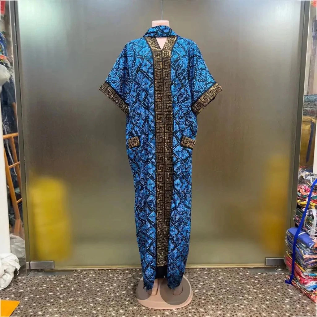 Luxury African Print Bubu Dress – V - Neck Loose Evening Gown with Rhinestone Pocket - Free Delivery Worldwide only at Flexi Africa