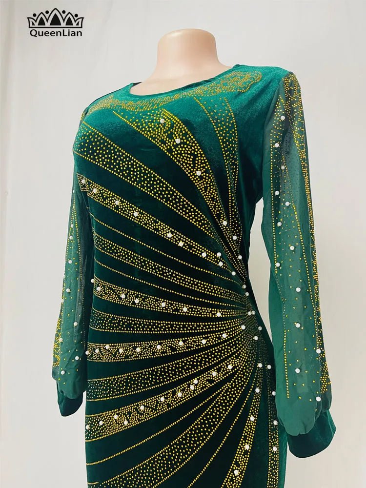 Luxury African Velvet Dress for Women – Pearl Diamond Embellished Long Tight Fashion Dress - Free Delivery Worldwide only at Flexi Africa