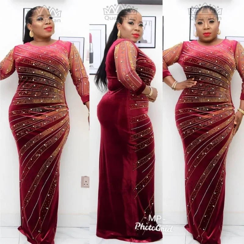 Luxury African Velvet Dress for Women – Pearl Diamond Embellished Long Tight Fashion Dress - Free Delivery Worldwide only at Flexi Africa