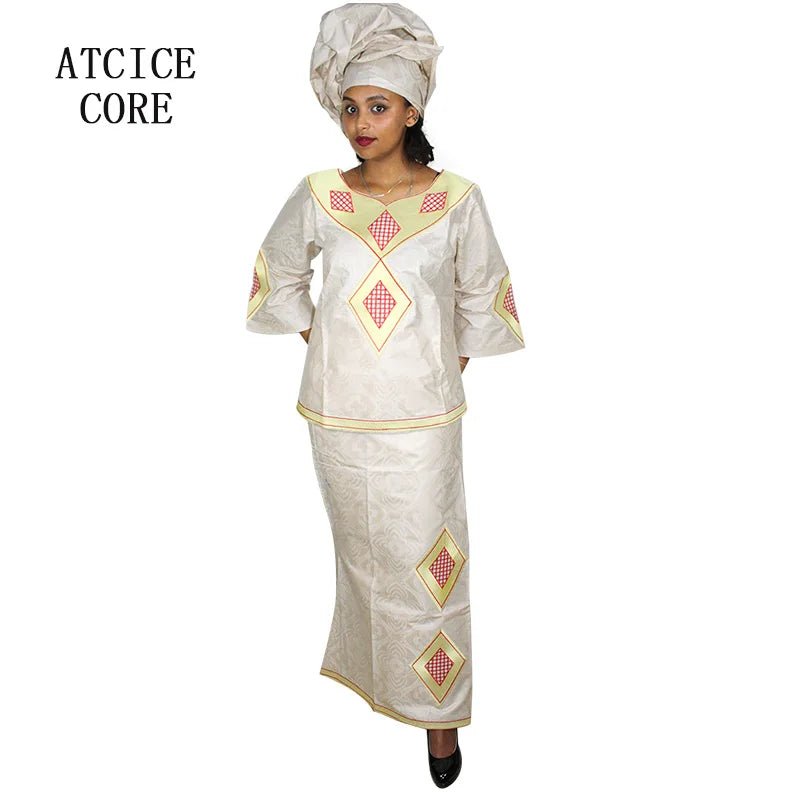 Luxury Bazin Riche African Dress for Women – Embroidered Maxi Gown with Headtie - Free Delivery Worldwide only at Flexi Africa