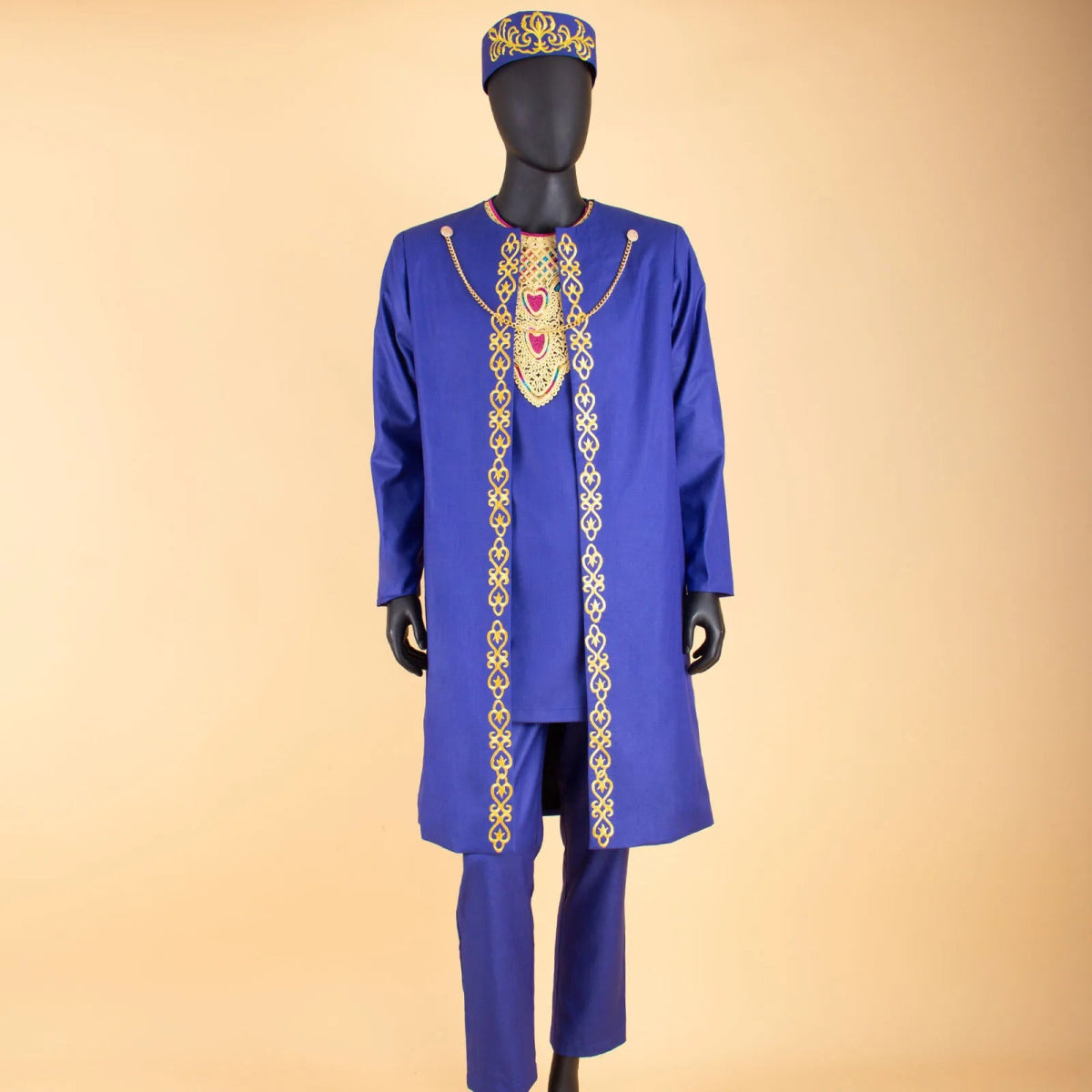 Men's African Agbada Robe 4PC Set – Embroidered Dashiki Shirt, Pants, Hat & Chain for Weddings and Evening - Free Delivery Worldwide only at Flexi Africa