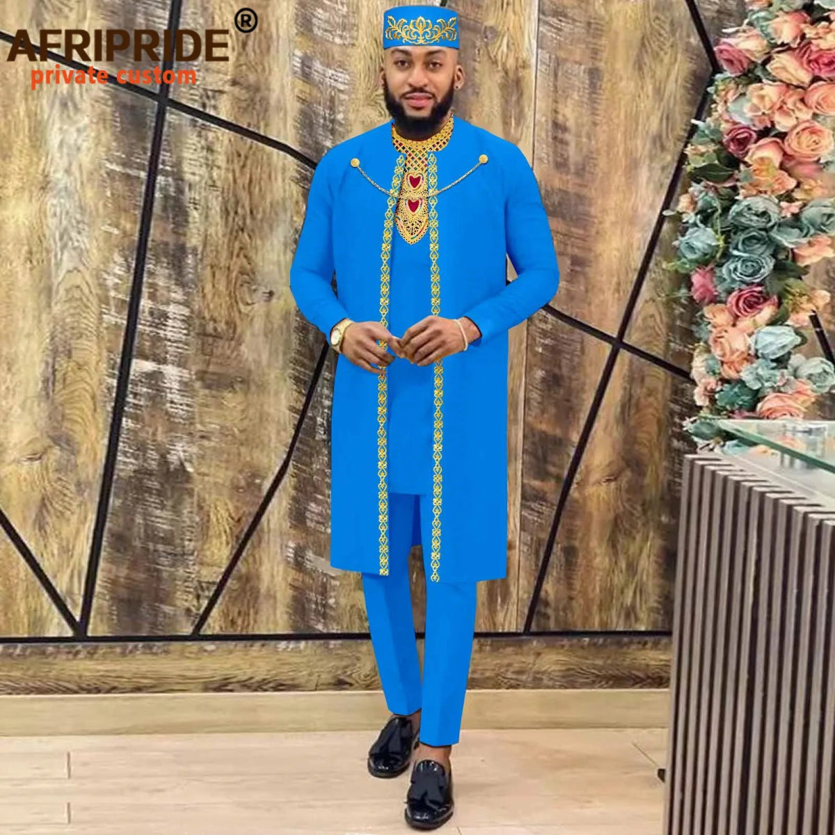 Men's African Agbada Robe 4PC Set – Embroidered Dashiki Shirt, Pants, Hat & Chain for Weddings and Evening - Free Delivery Worldwide only at Flexi Africa