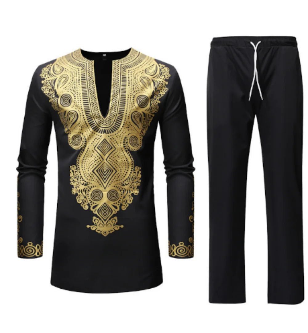 Mens' African Traditional Cotton Suit: 2PC Dashiki Set with Long Sleeve Gold Print Shirt and Pants - Flexi Africa - Flexi Africa offers Free Delivery Worldwide - Vibrant African traditional clothing showcasing bold prints and intricate designs