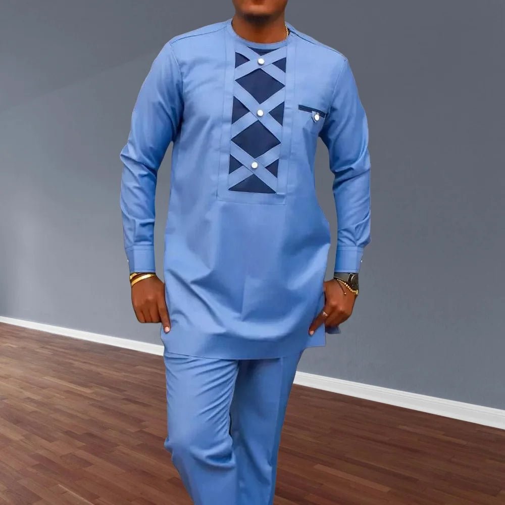 Men’s Luxury African Wedding 2PC Suit – Elegant Groom Outfit, Patchwork Crew - Neck Formal Set - Free Delivery Worldwide only at Flexi Africa