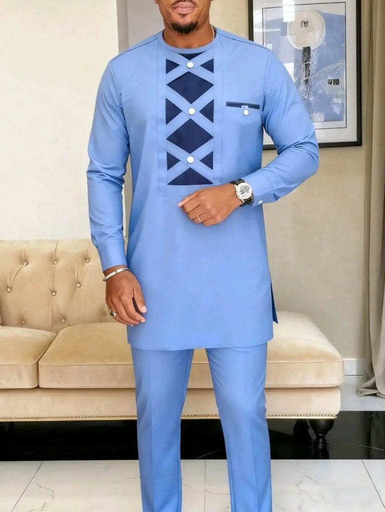 Men’s Luxury African Wedding 2PC Suit – Elegant Groom Outfit, Patchwork Crew - Neck Formal Set - Free Delivery Worldwide only at Flexi Africa