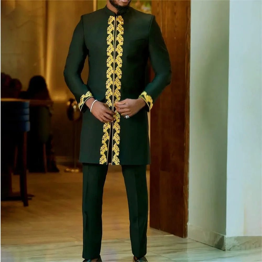 Men’s Luxury African Wedding 2PC Suit – Elegant Groom Outfit, Patchwork Crew - Neck Formal Set - Free Delivery Worldwide only at Flexi Africa