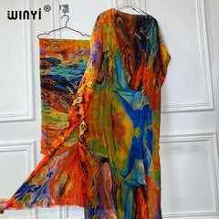 NEW WINYI african woman dresses Long Dress with belt Women Oil painting print kaftan Casual Elegant Holiday Bohemian party dress - Free Delivery Worldwide only at Flexi Africa