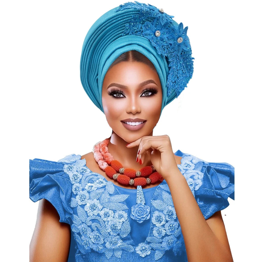 Nigerian Wedding Auto Gele – Elegant Embroidered Lace Women’s Turban Headtie - Free Delivery Worldwide only at Flexi Africa