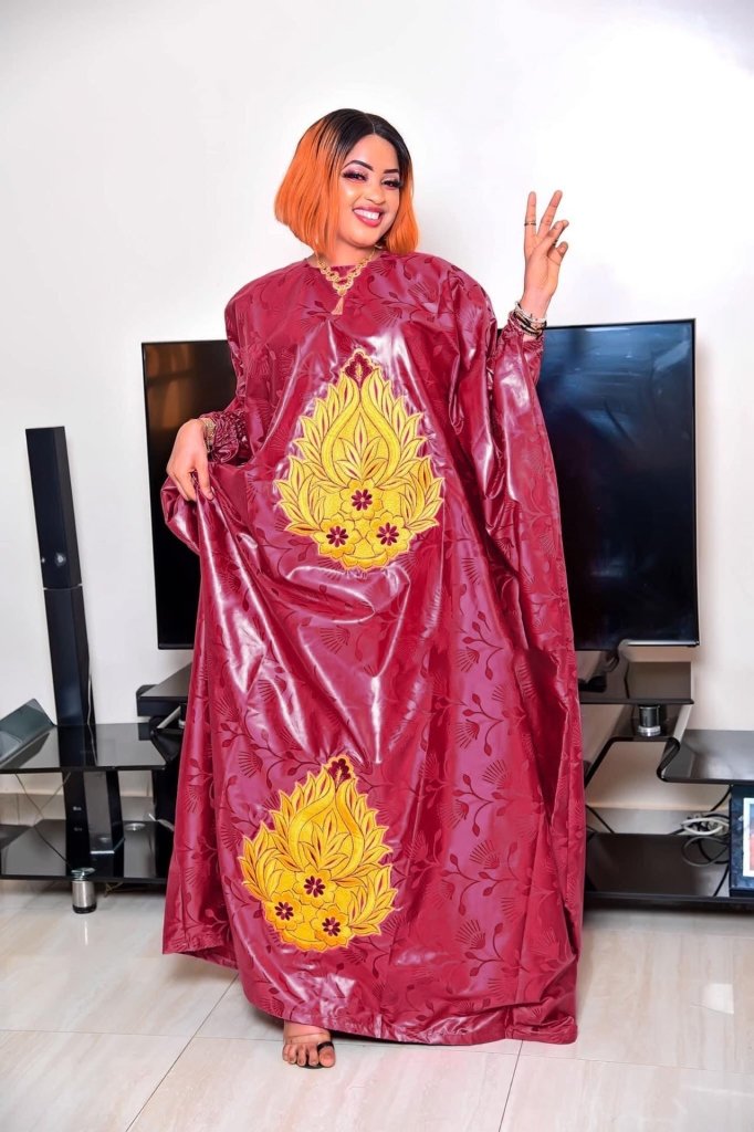 Plus Size African Bazin Riche Dress for Women – Elegant Floor - Length Embroidered Gown with Matching Scarf - Free Delivery Worldwide only at Flexi Africa